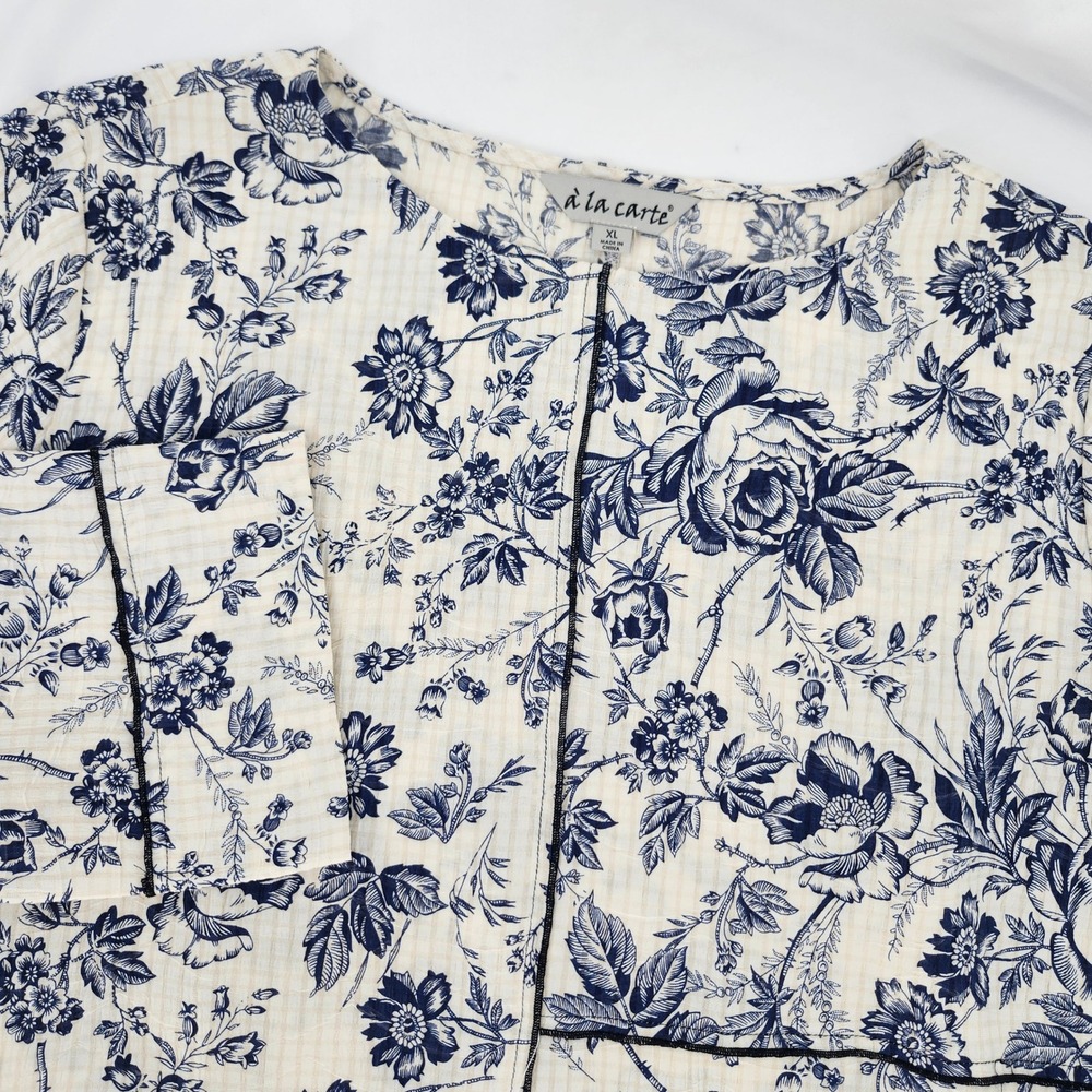 French Country Toile Womens Cottage Chic Top Size XL Blue Floral Boxy Scandi